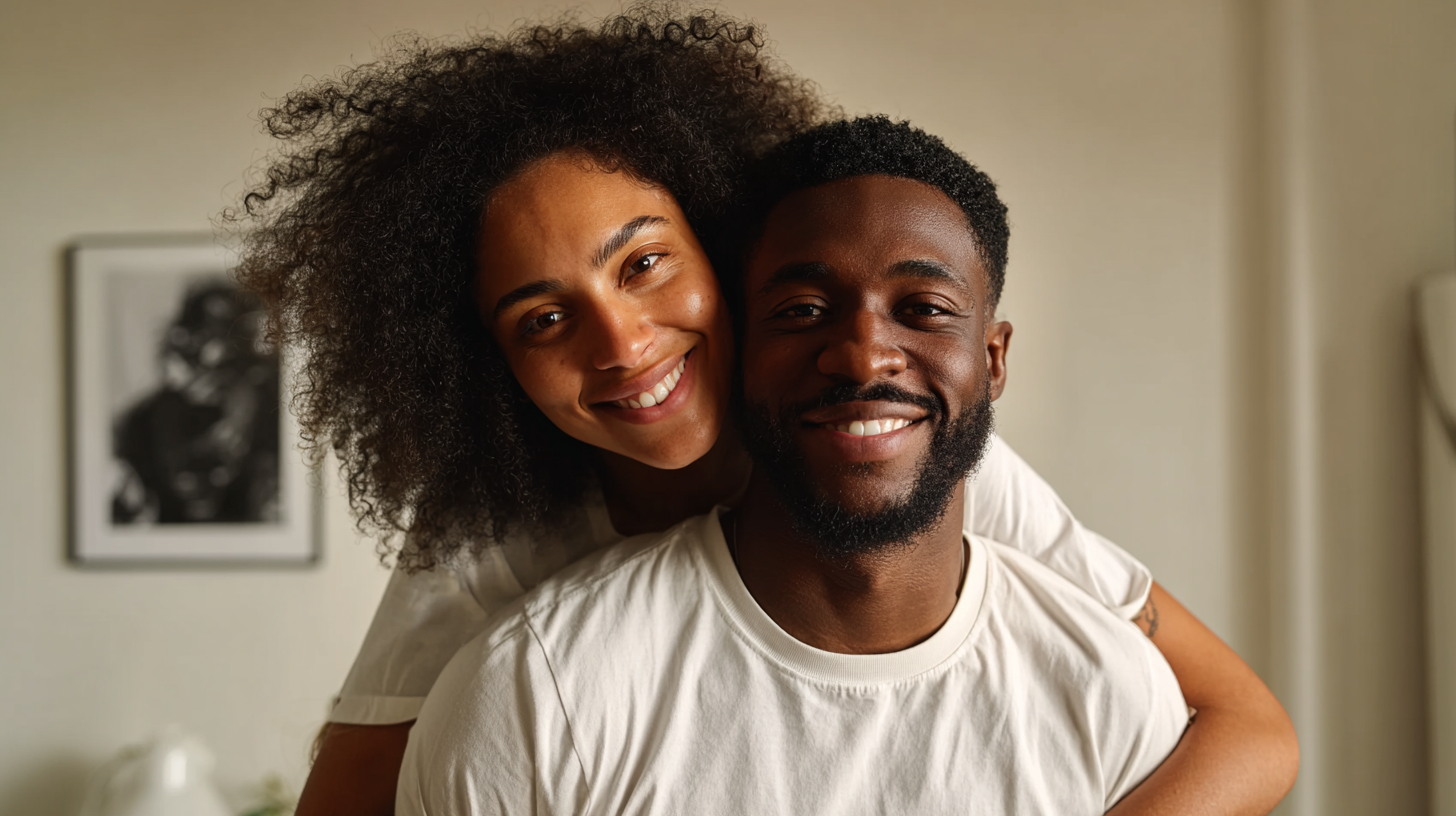 A joyful expecting couple embracing in a bright, sunlit room